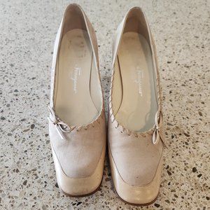 Salvatore Ferragamo Classy Suede and Leather Pumps- Beige, 9 2A